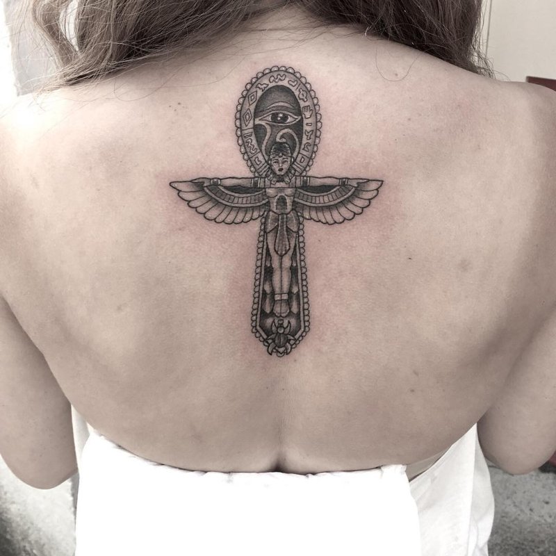 Ankh tattoo on the back for women