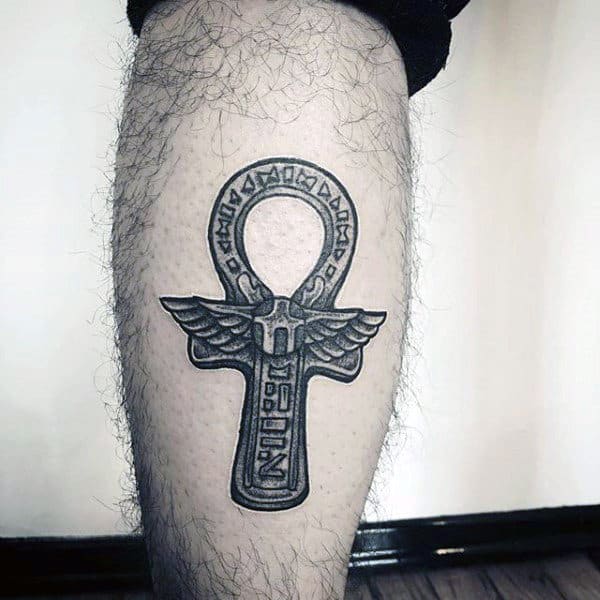 Ankh tattoo on the calf for men