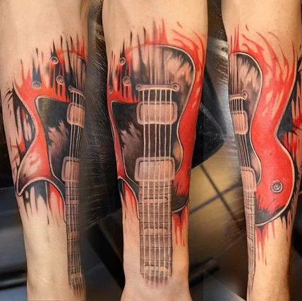 Guitar tattoo on the arm for men