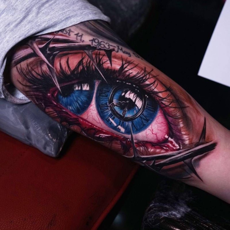 Colorful eye tattoo on forearm for men