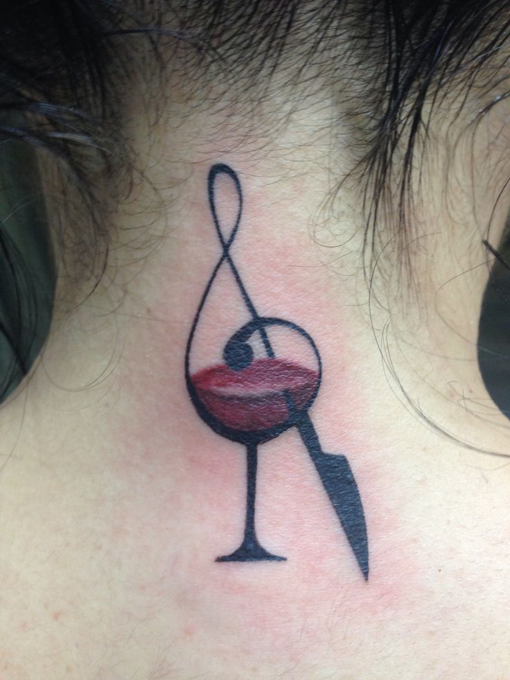 Colorful wine tattoo on the back of the neck for women