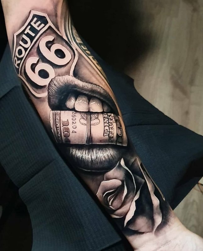 Money tattoo on forearm for men