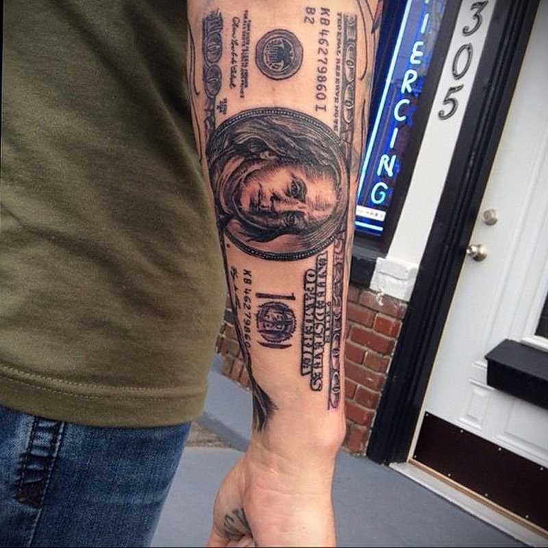 Money tattoo on forearm for men