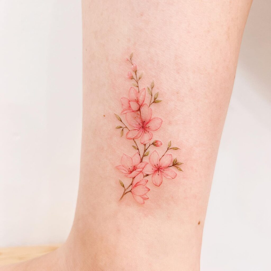 Sakura tattoo on shin for women Sakura tattoo on shin for women