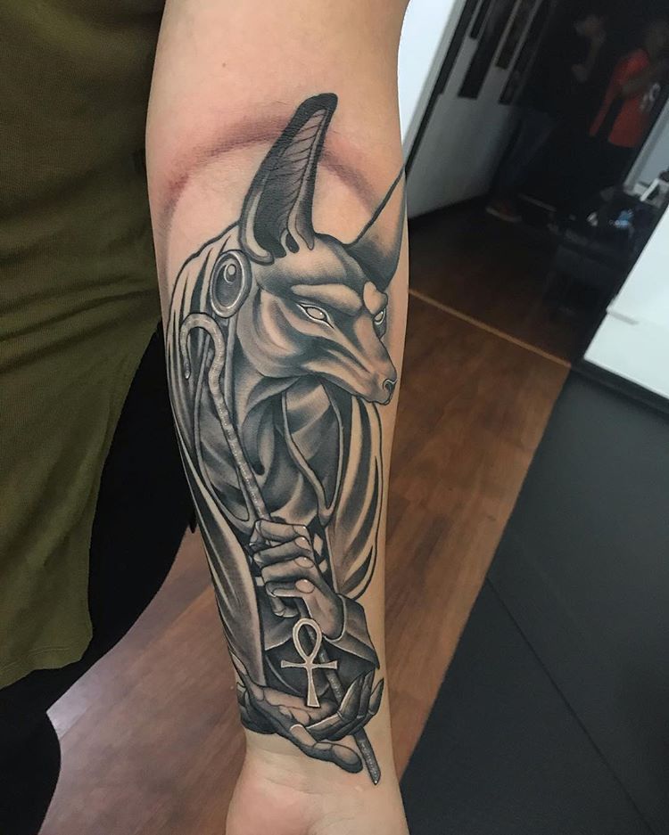 Anubis tattoo on forearm for men