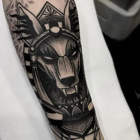 Anubis tattoo on forearm for men