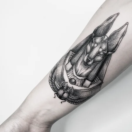 Anubis tattoo on forearm for men