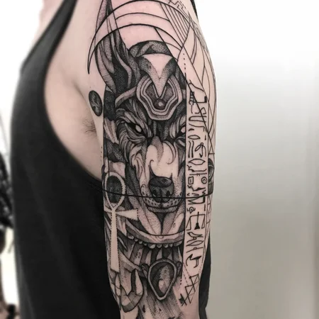 Large Anubis tattoo on the shoulder for men