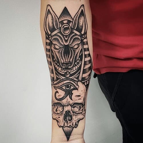 Anubis tattoo on forearm for men