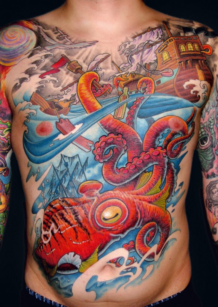 Large new-school style tattoo on the abdomen for men