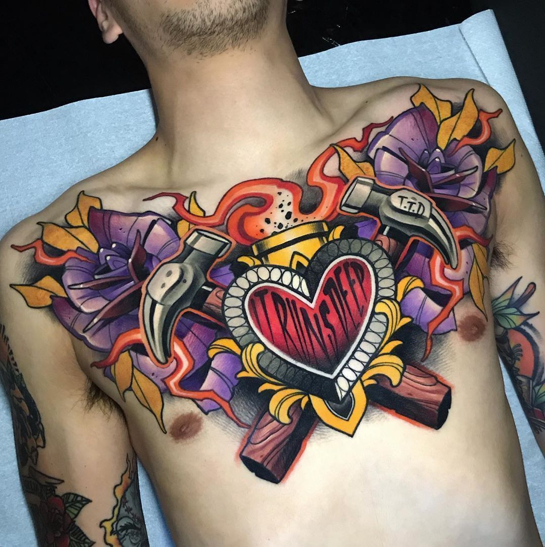 New-school style tattoo on the chest for men