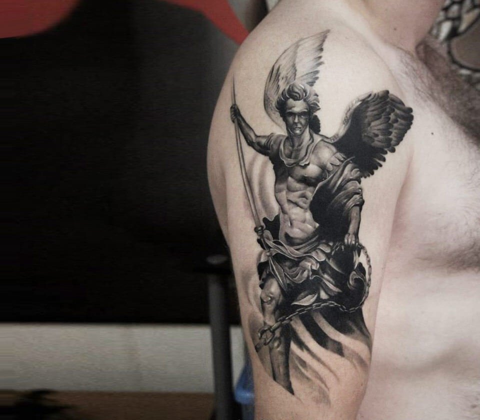 Angel tattoo on the shoulder for men