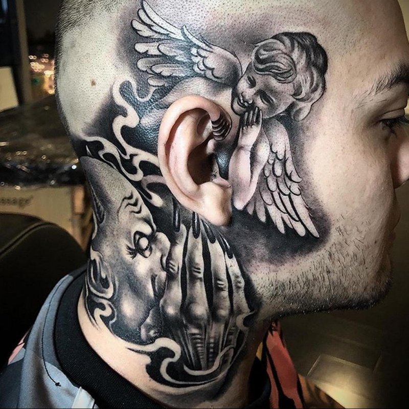 Angel tattoo on head for men