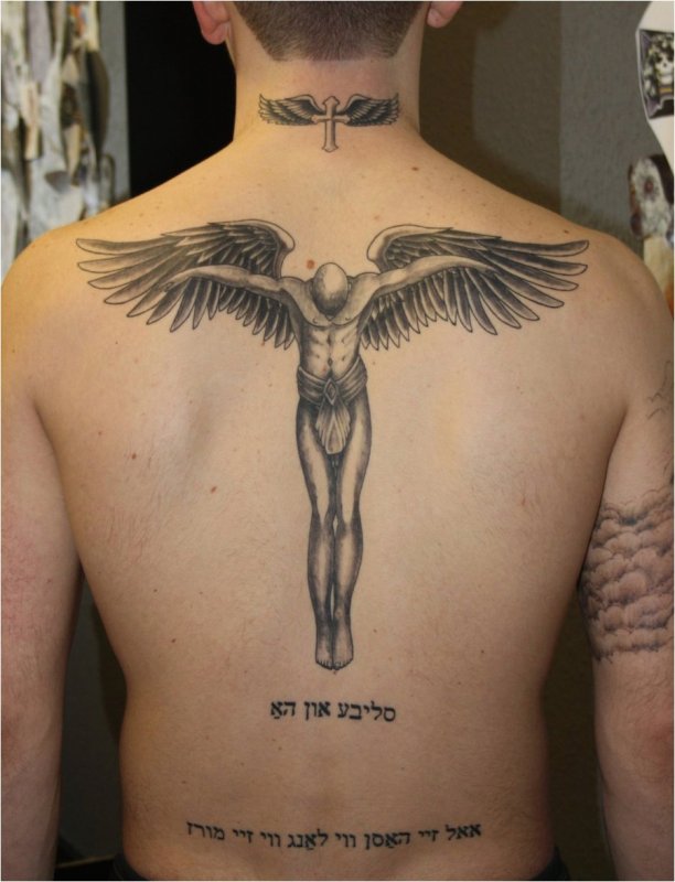 Angel tattoo on back for men