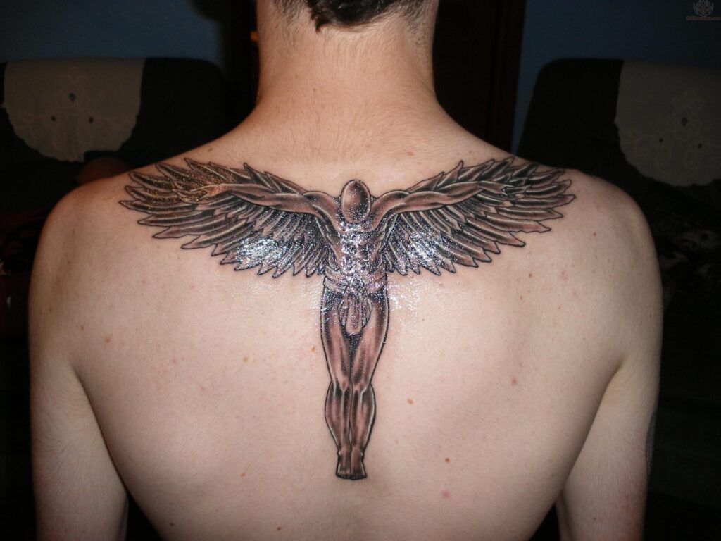 Angel tattoo on back for men