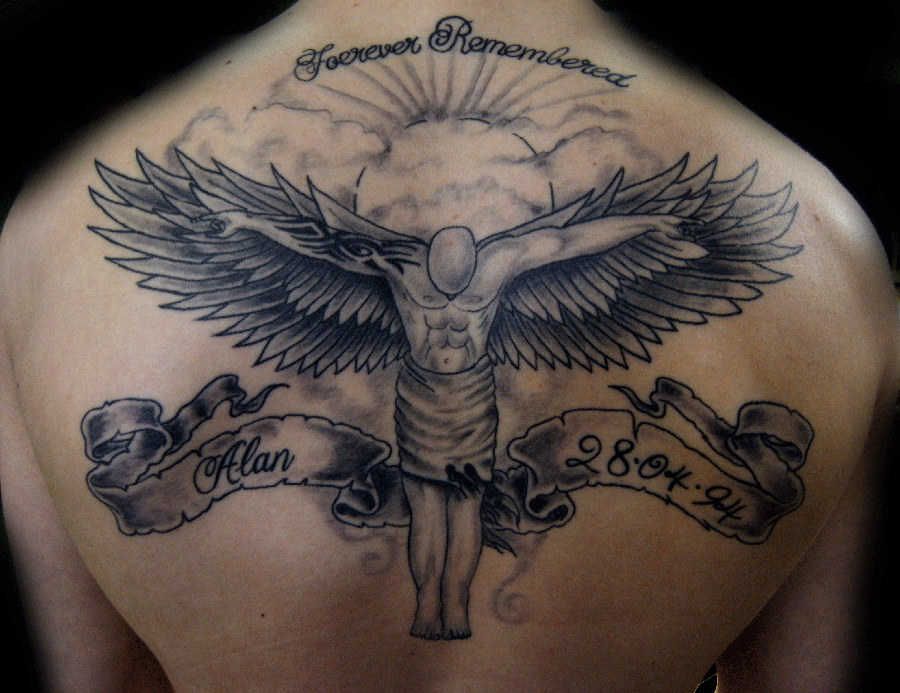 Angel tattoo on back for men