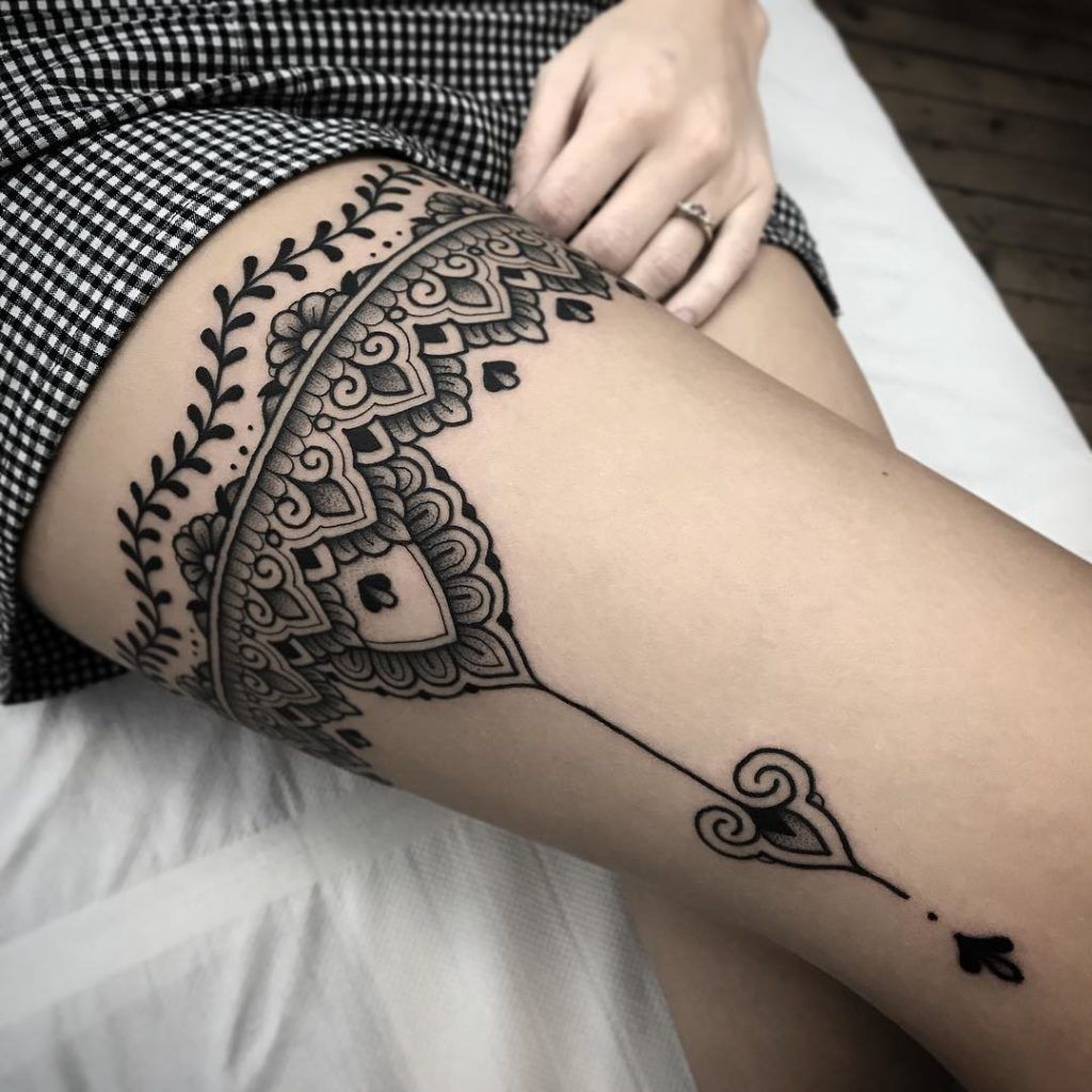 Ornamental style tattoo on the hip for women