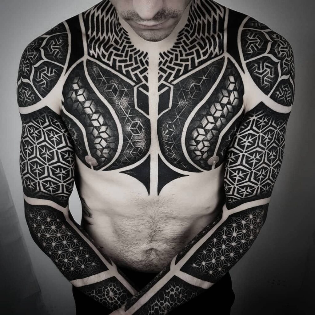 Large ornamental style tattoo on the chest for men