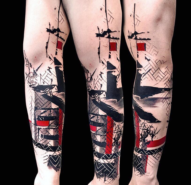 Thrash polka style tattoo on forearm for men