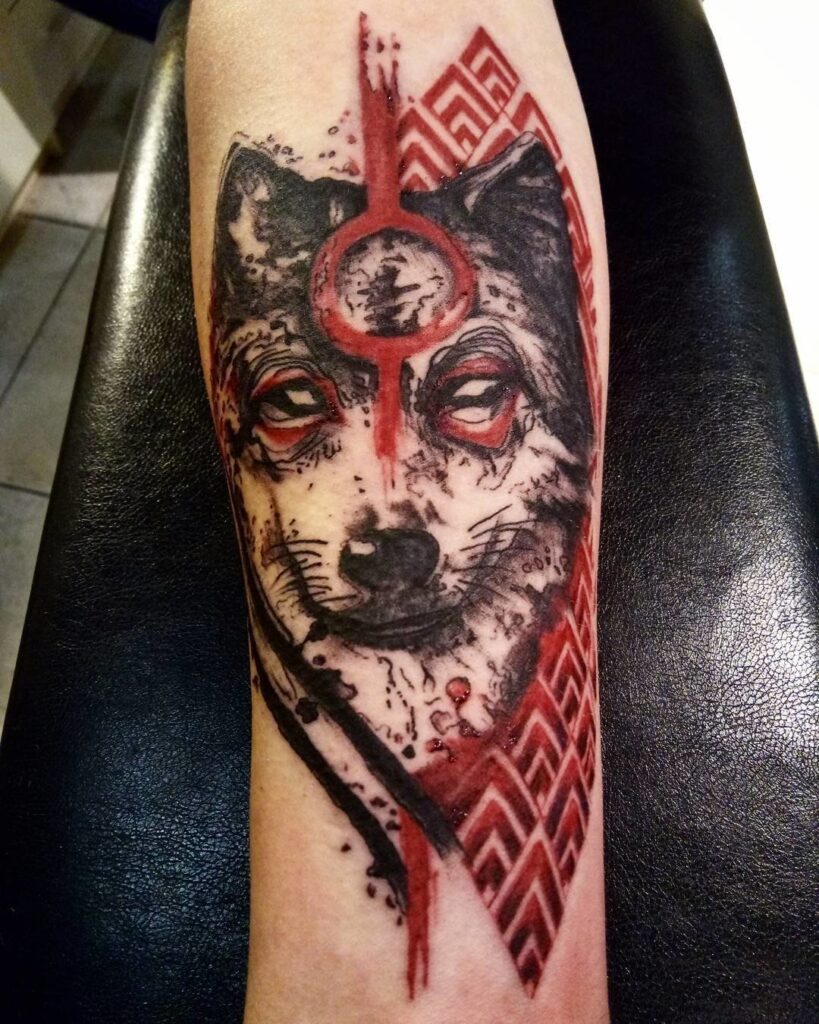 Thrash polka style wolf tattoo on forearm for men