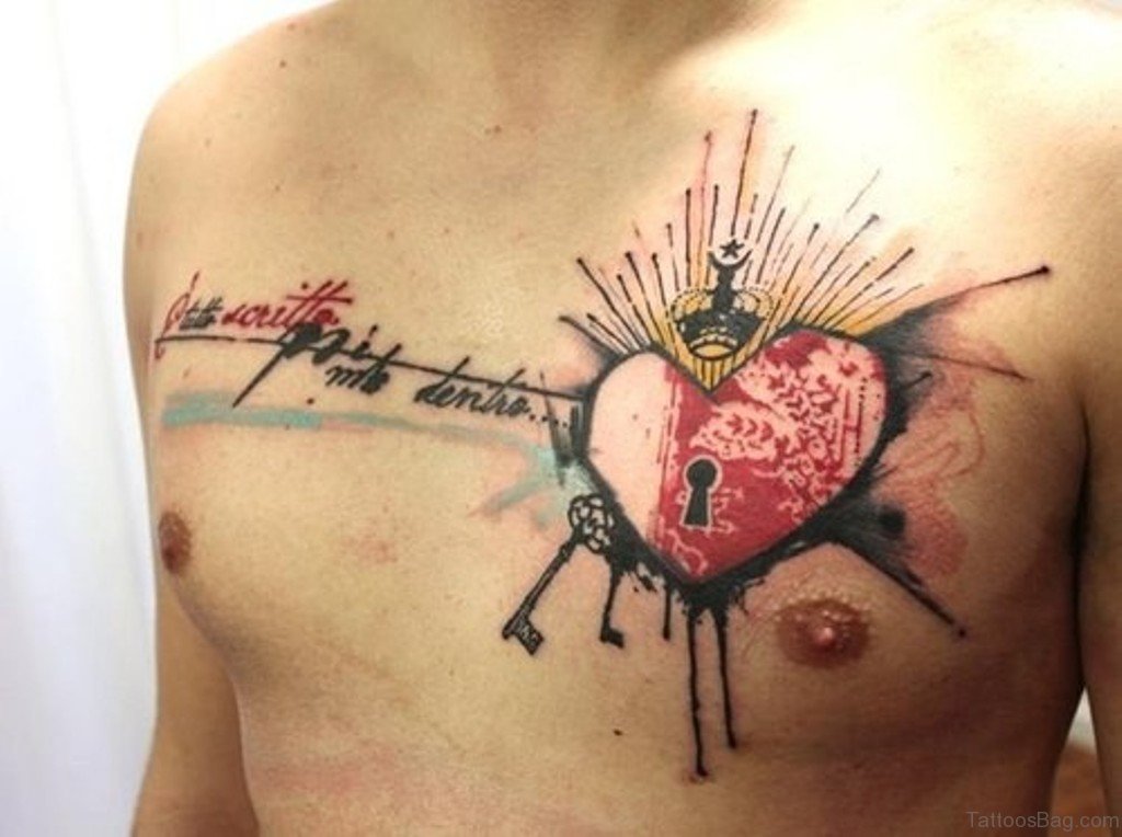 Thrash polka style color tattoo on chest for men