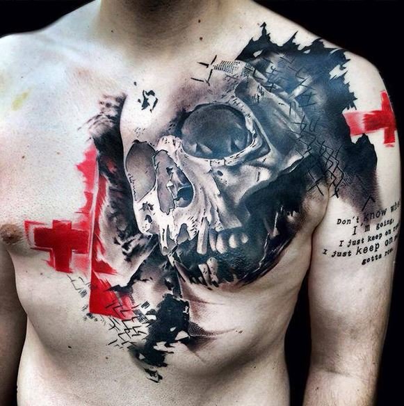 Thrash polka style skull tattoo on chest for men