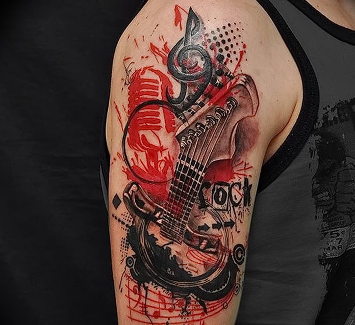 Thrash polka style tattoo on the shoulder for men