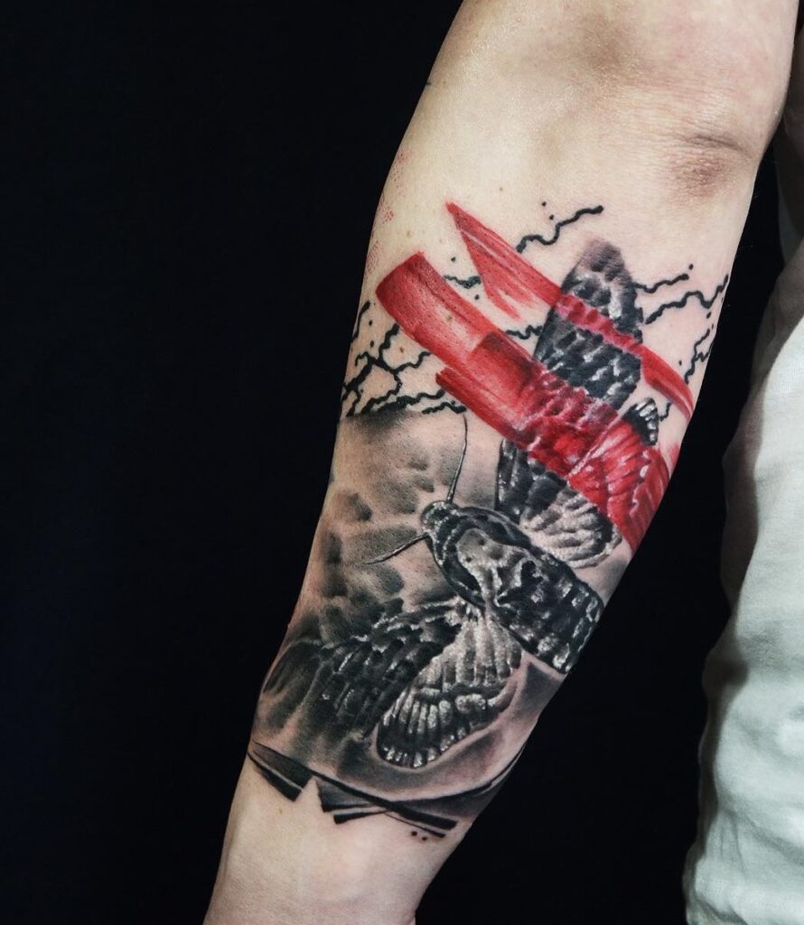 Thrash polka style tattoo on forearm for men