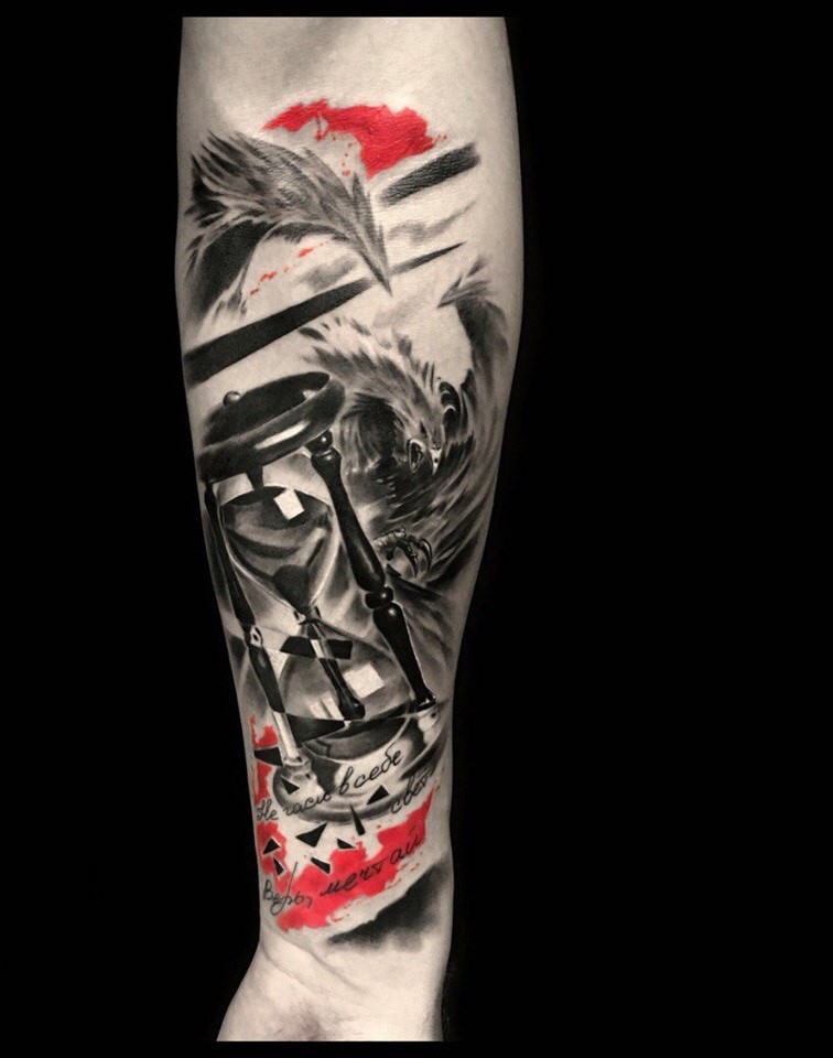 Thrash polka style tattoo on forearm for men