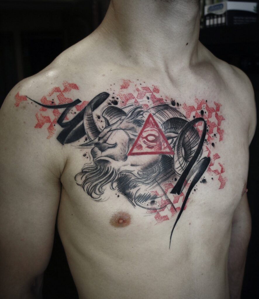 Thrash polka style tattoo on chest for men