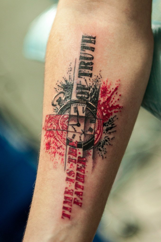 Thrash polka style tattoo on forearm for men