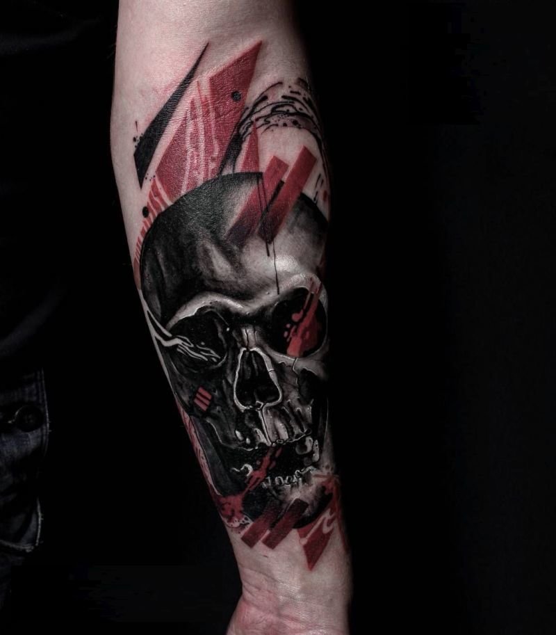 Thrash polka style skull tattoo on forearm for men