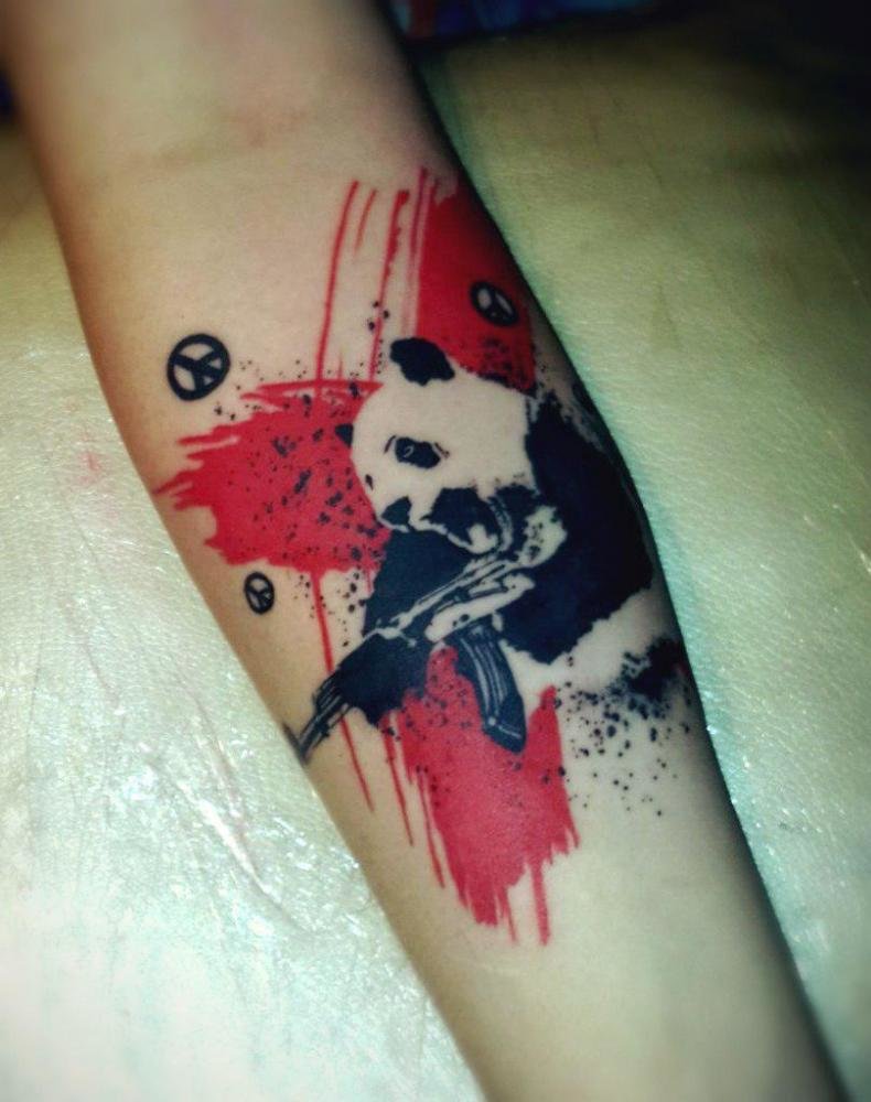 Thrash polka panda tattoo on forearm for women