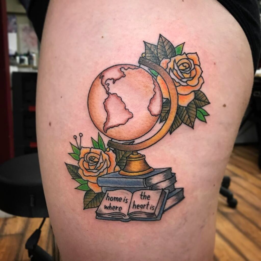 Colorful globe tattoo on thigh for women