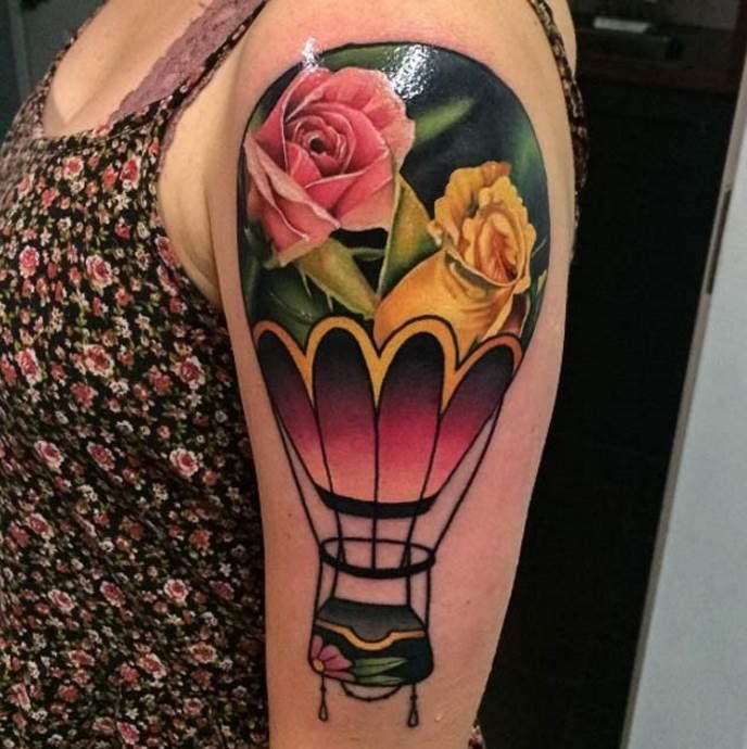 Colorful balloon tattoo on shoulder for women