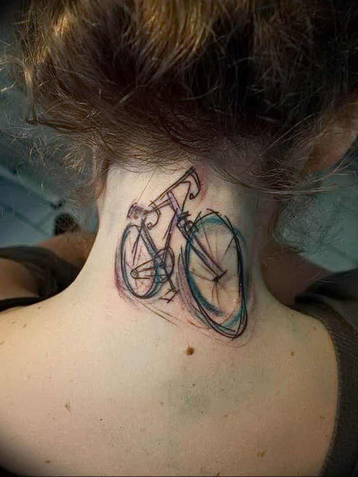 Bicycle tattoo on the back of the neck for women