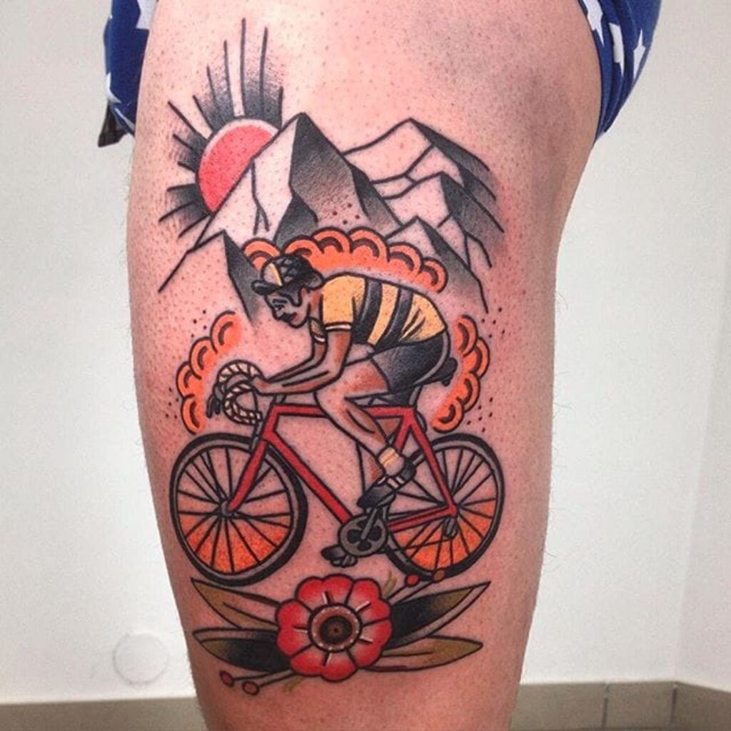 Colorful bicycle tattoo on thigh for men