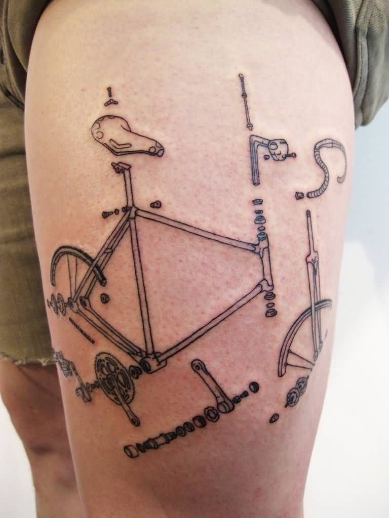 Bicycle tattoo on thigh for men