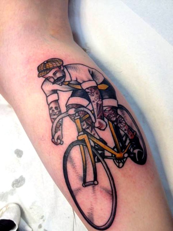 Colorful bicycle tattoo on shin for men