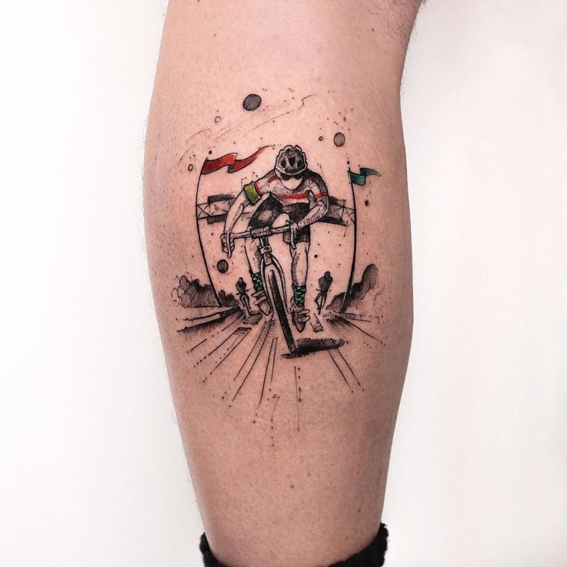 Bicycle tattoo on calf for men