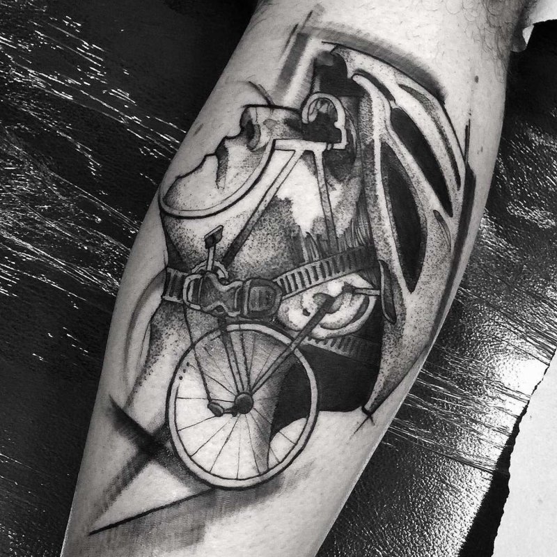 Bicycle tattoo on leg for men