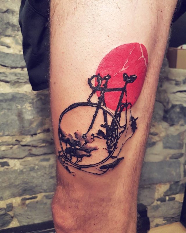 Bicycle tattoo on leg for men