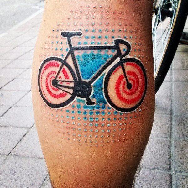 Colorful bicycle tattoo on calf for men