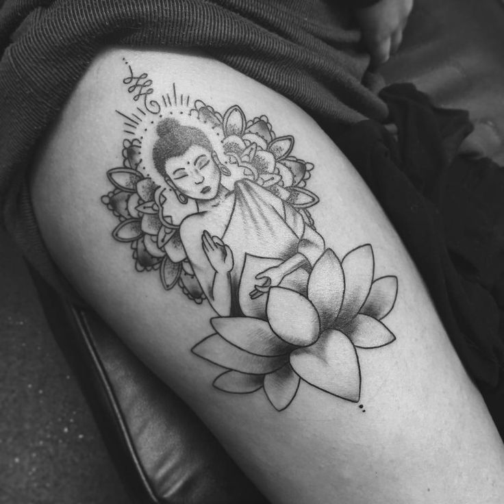 Buddha tattoo on thigh for women