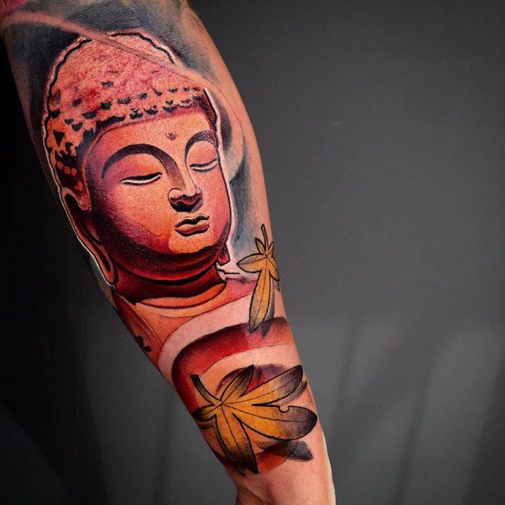 Color Buddha tattoo on arm for men