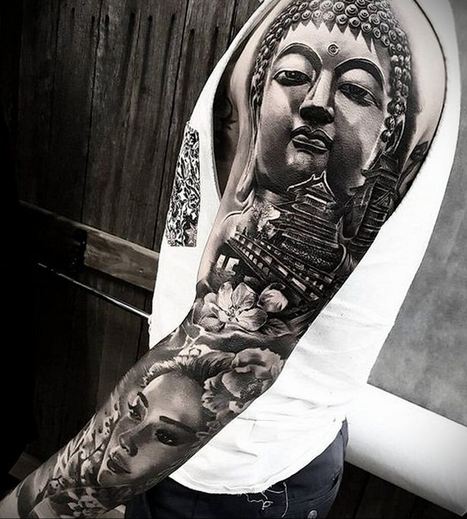 Buddha tattoo on the arm for men