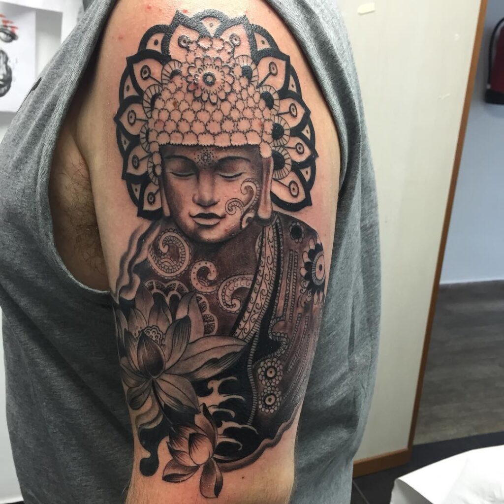 Buddha tattoo on the shoulder for men