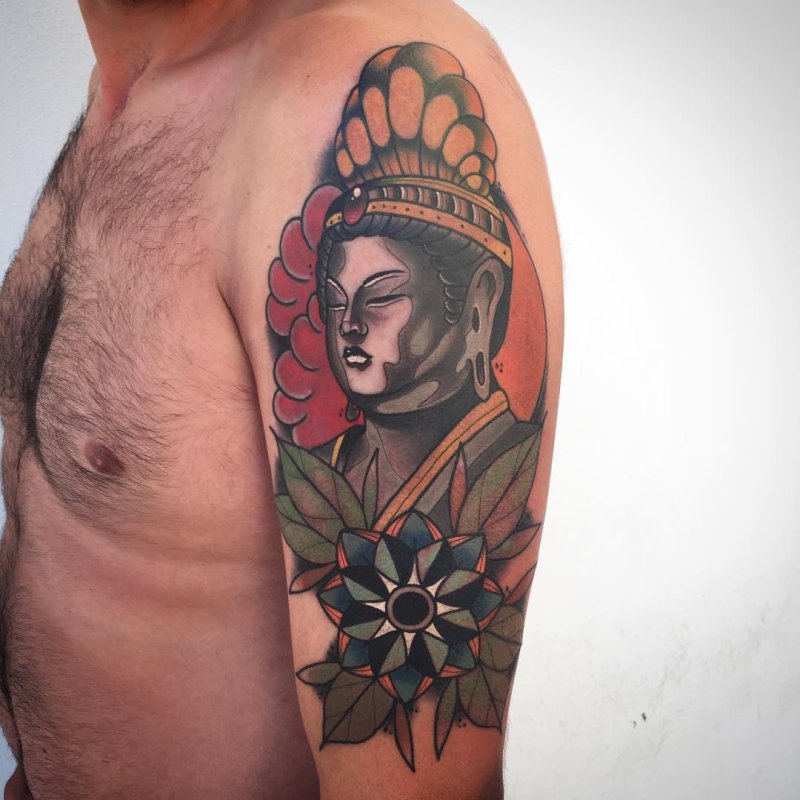 Colorful Buddha tattoo on the shoulder for men