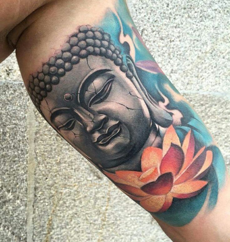 Colorful Buddha tattoo on the shoulder for men