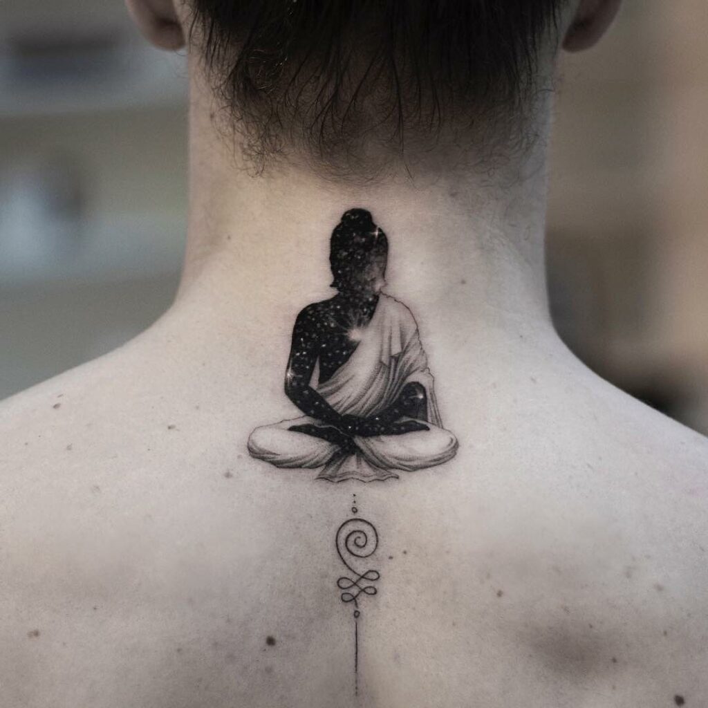 Buddha tattoo on the back of the head for men